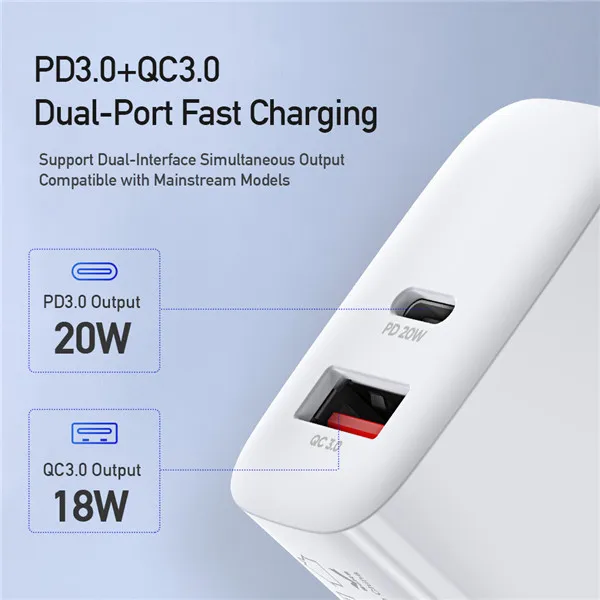 Incarcator retea Dux Ducis C70 - 220V la USB-A si USB Tip C - PD 20W QC 3.0 18W 2A alb