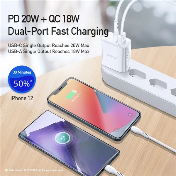 Incarcator retea Dux Ducis C70 - 220V la USB-A si USB Tip C - PD 20W QC 3.0 18W 2A alb