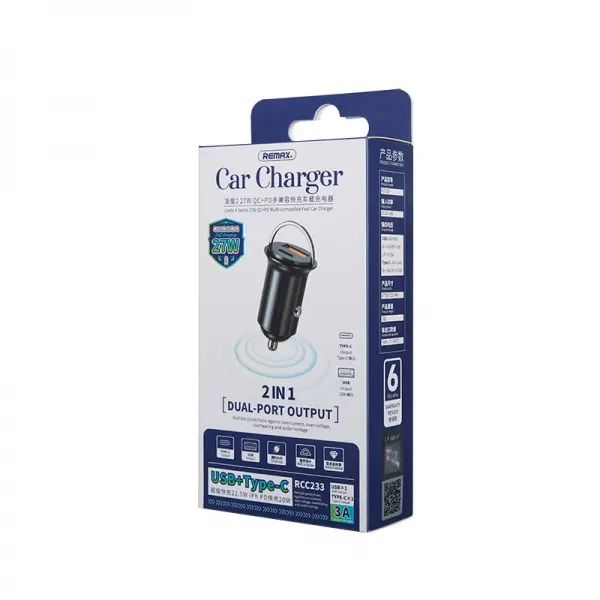Mini incarcator auto Remax RC-233 Lindo II - USB-A si Tip C - PD QC 27W, aluminiu, negru
