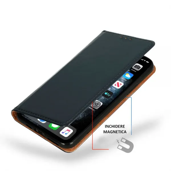 Husa flip Diary Flexy piele naturala bleumarin pentru iPhone 13 PRO