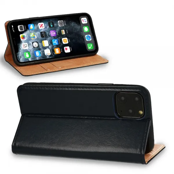 Husa flip Diary Flexy piele naturala bleumarin pentru iPhone 13 PRO