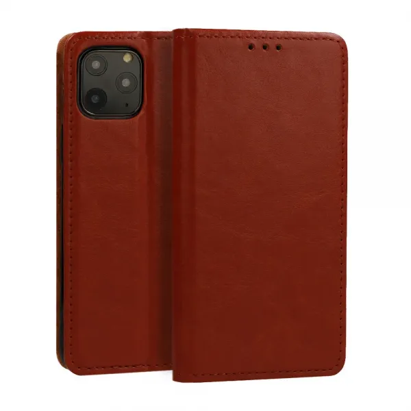 Husa flip Diary Flexy piele naturala maro pentru iPhone 14