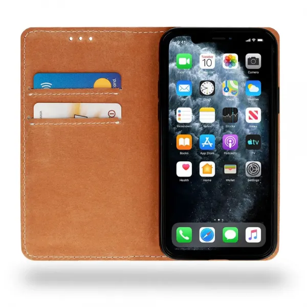 Husa flip Diary Flexy piele naturala maro pentru iPhone 14