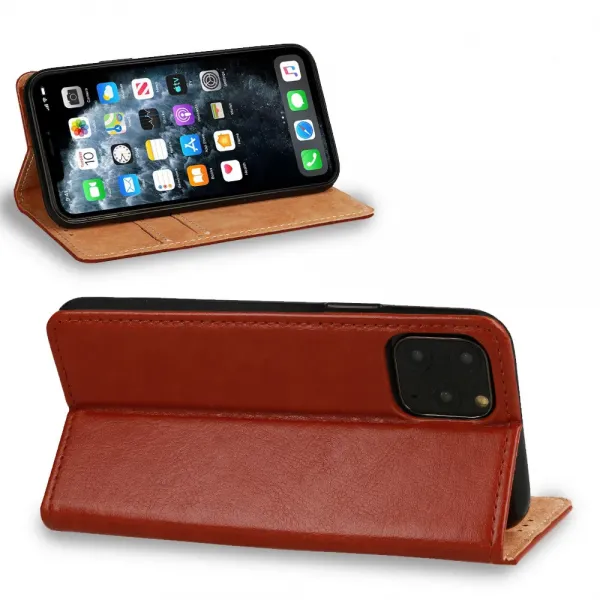 Husa flip Diary Flexy piele naturala maro pentru iPhone 14