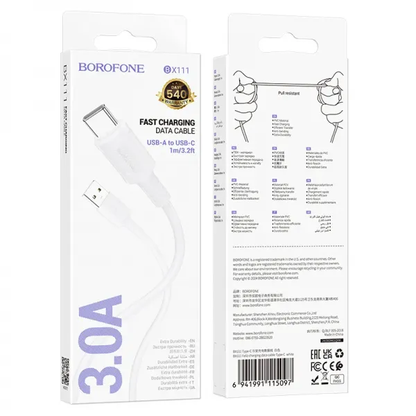 Cablu de date si incarcare premium Borofone BX111 Feliz, USB-A la USB-C, 3A, lungime 1m, alb